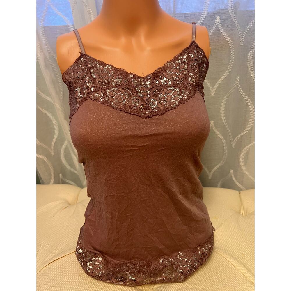 Vanity Y2K Purple Spaghetti Strap Glitter Lace Trim Vintage Camisole Bedazzled - Picture 2 of 10